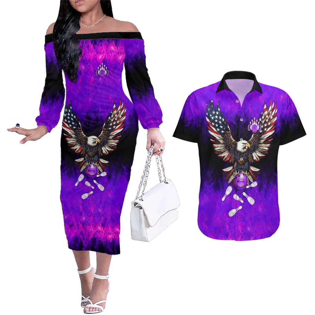 Personalized Patriotic Eagle Bowling Couples Matching Off The Shoulder Long Sleeve Dress and Hawaiian Shirt with Purple Flames USA Flag Wings Design - Wonder Print Shop