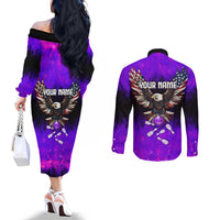 Personalized Patriotic Eagle Bowling Couples Matching Off The Shoulder Long Sleeve Dress and Long Sleeve Button Shirt with Purple Flames USA Flag Wings Design - Wonder Print Shop