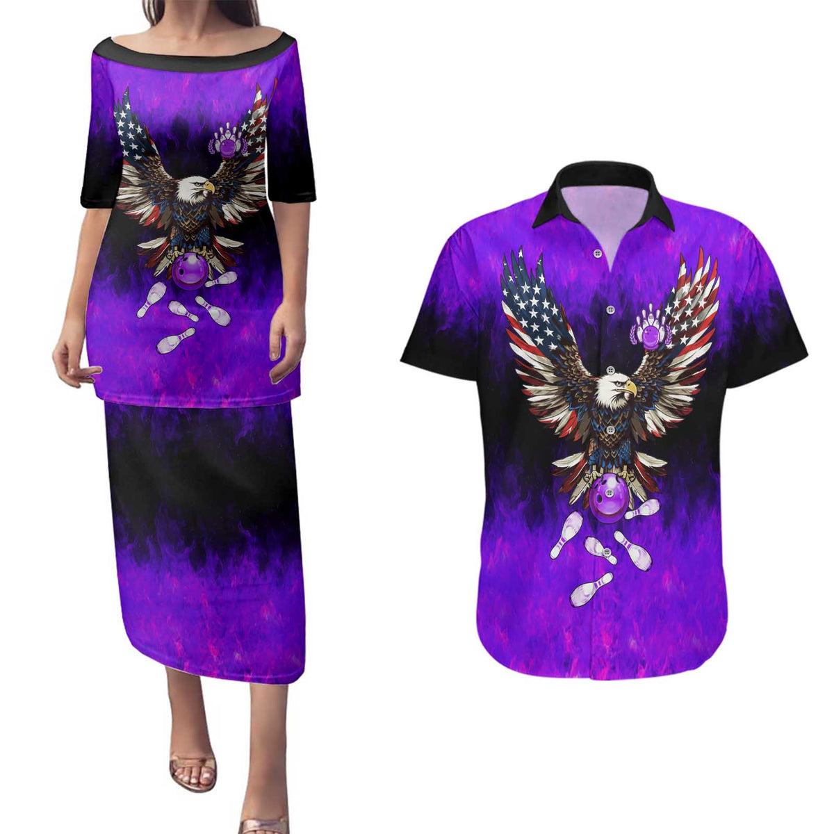 Personalized Patriotic Eagle Bowling Couples Matching Puletasi and Hawaiian Shirt with Purple Flames USA Flag Wings Design - Wonder Print Shop