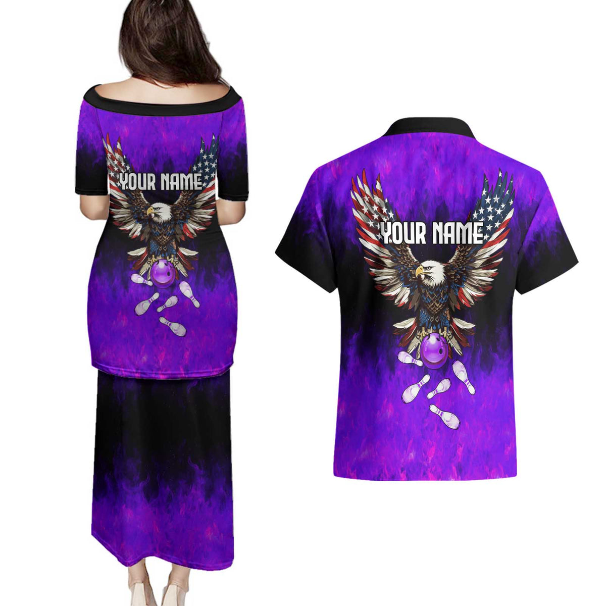 Personalized Patriotic Eagle Bowling Couples Matching Puletasi and Hawaiian Shirt with Purple Flames USA Flag Wings Design - Wonder Print Shop