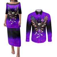 Personalized Patriotic Eagle Bowling Couples Matching Puletasi and Long Sleeve Button Shirt with Purple Flames USA Flag Wings Design - Wonder Print Shop