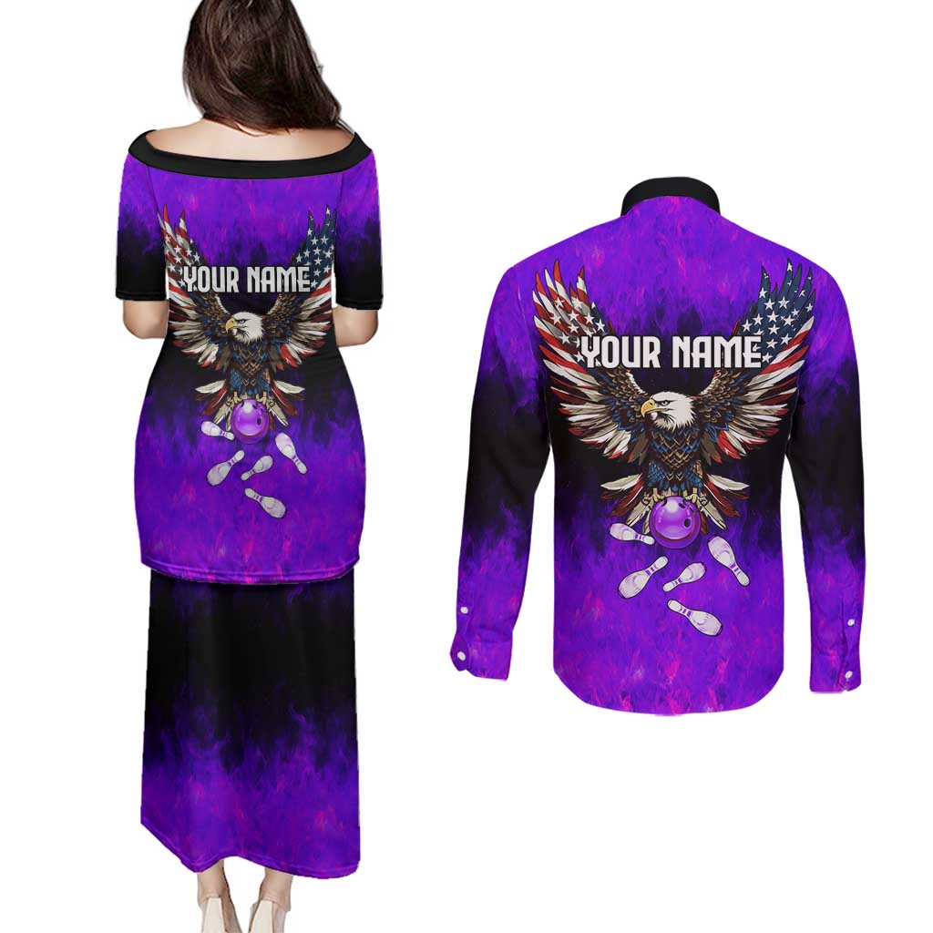 Personalized Patriotic Eagle Bowling Couples Matching Puletasi and Long Sleeve Button Shirt with Purple Flames USA Flag Wings Design - Wonder Print Shop