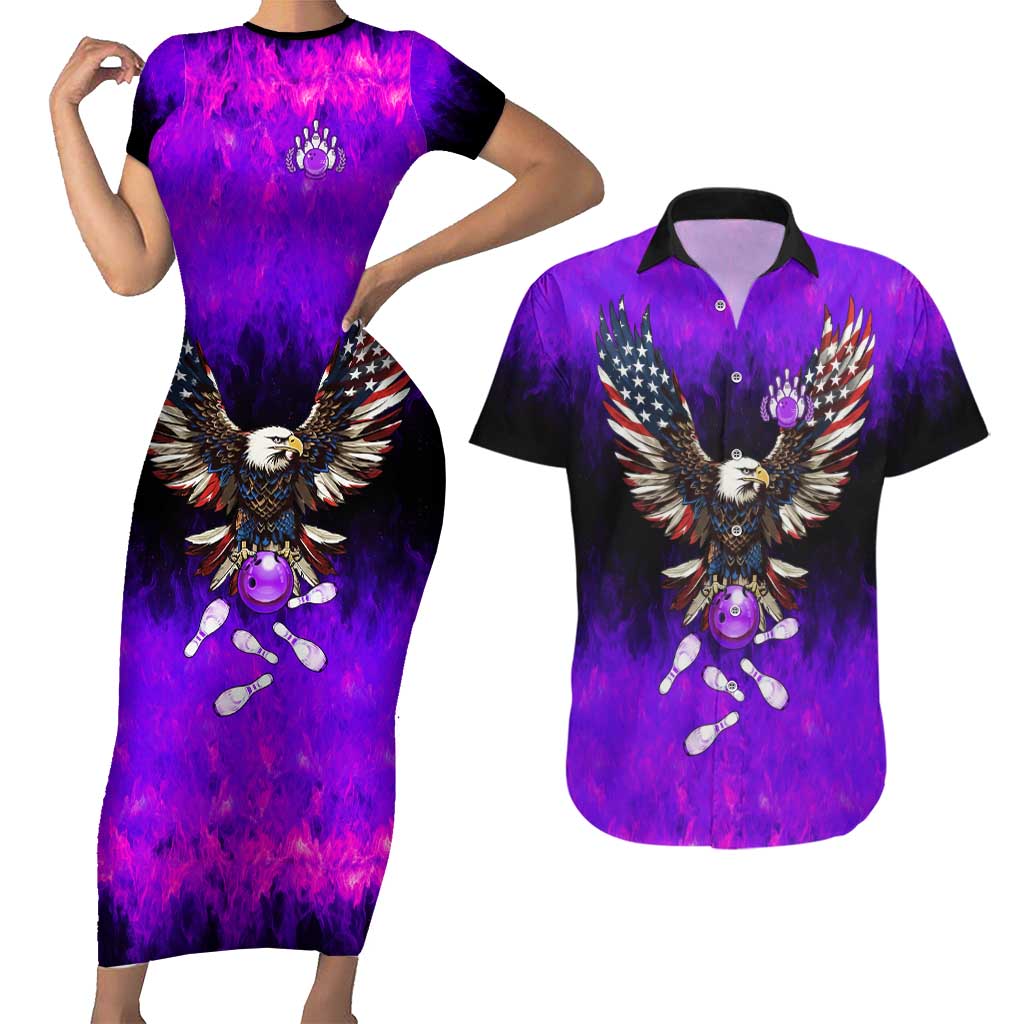 Personalized Patriotic Eagle Bowling Couples Matching Short Sleeve Bodycon Dress and Hawaiian Shirt with Purple Flames USA Flag Wings Design - Wonder Print Shop