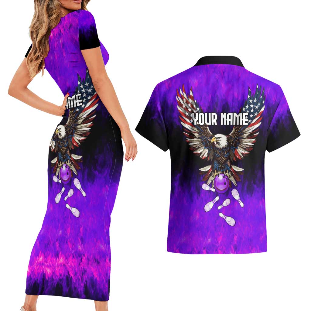 Personalized Patriotic Eagle Bowling Couples Matching Short Sleeve Bodycon Dress and Hawaiian Shirt with Purple Flames USA Flag Wings Design - Wonder Print Shop