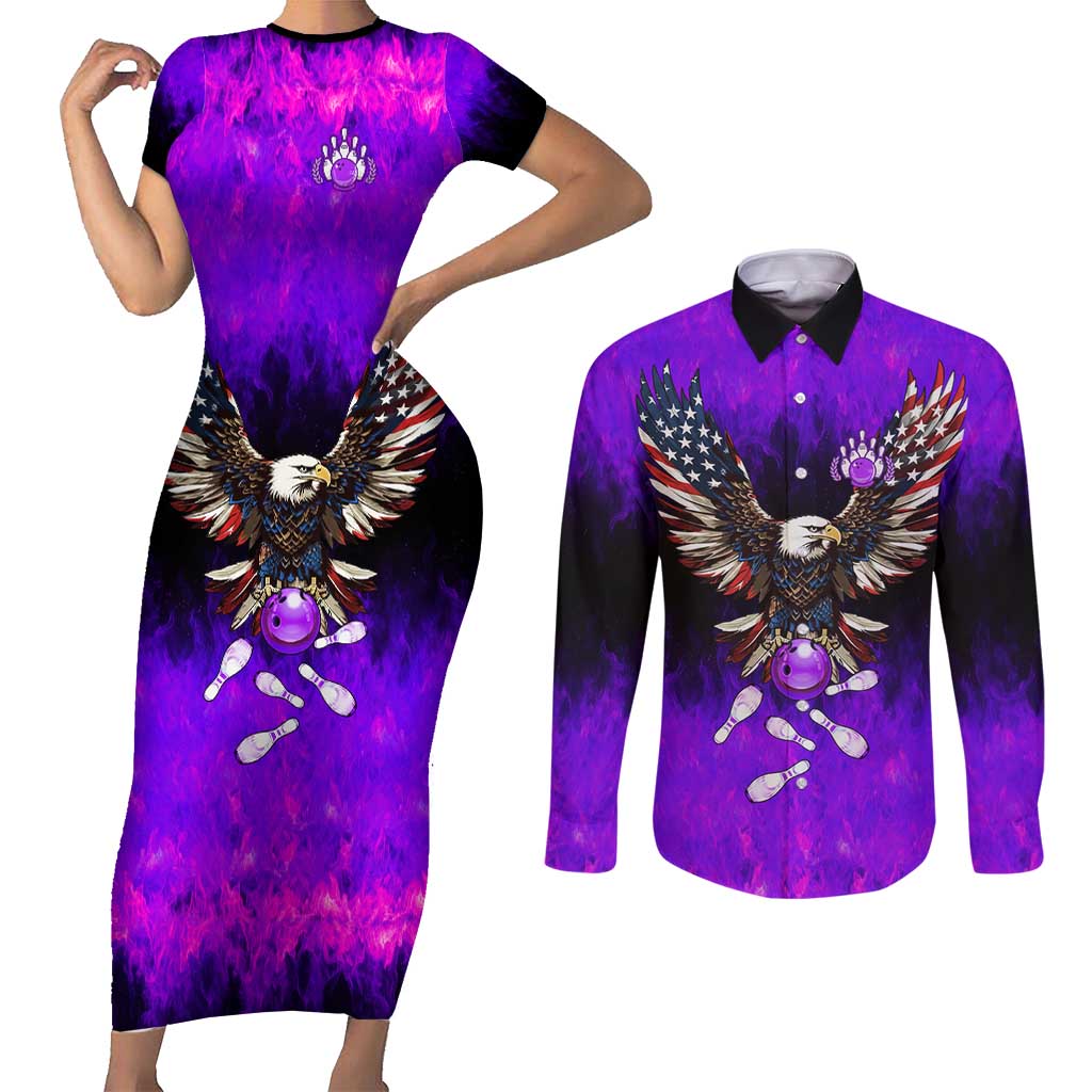 Personalized Patriotic Eagle Bowling Couples Matching Short Sleeve Bodycon Dress and Long Sleeve Button Shirt with Purple Flames USA Flag Wings Design - Wonder Print Shop