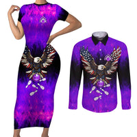 Personalized Patriotic Eagle Bowling Couples Matching Short Sleeve Bodycon Dress and Long Sleeve Button Shirt with Purple Flames USA Flag Wings Design - Wonder Print Shop