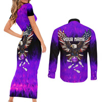 Personalized Patriotic Eagle Bowling Couples Matching Short Sleeve Bodycon Dress and Long Sleeve Button Shirt with Purple Flames USA Flag Wings Design - Wonder Print Shop