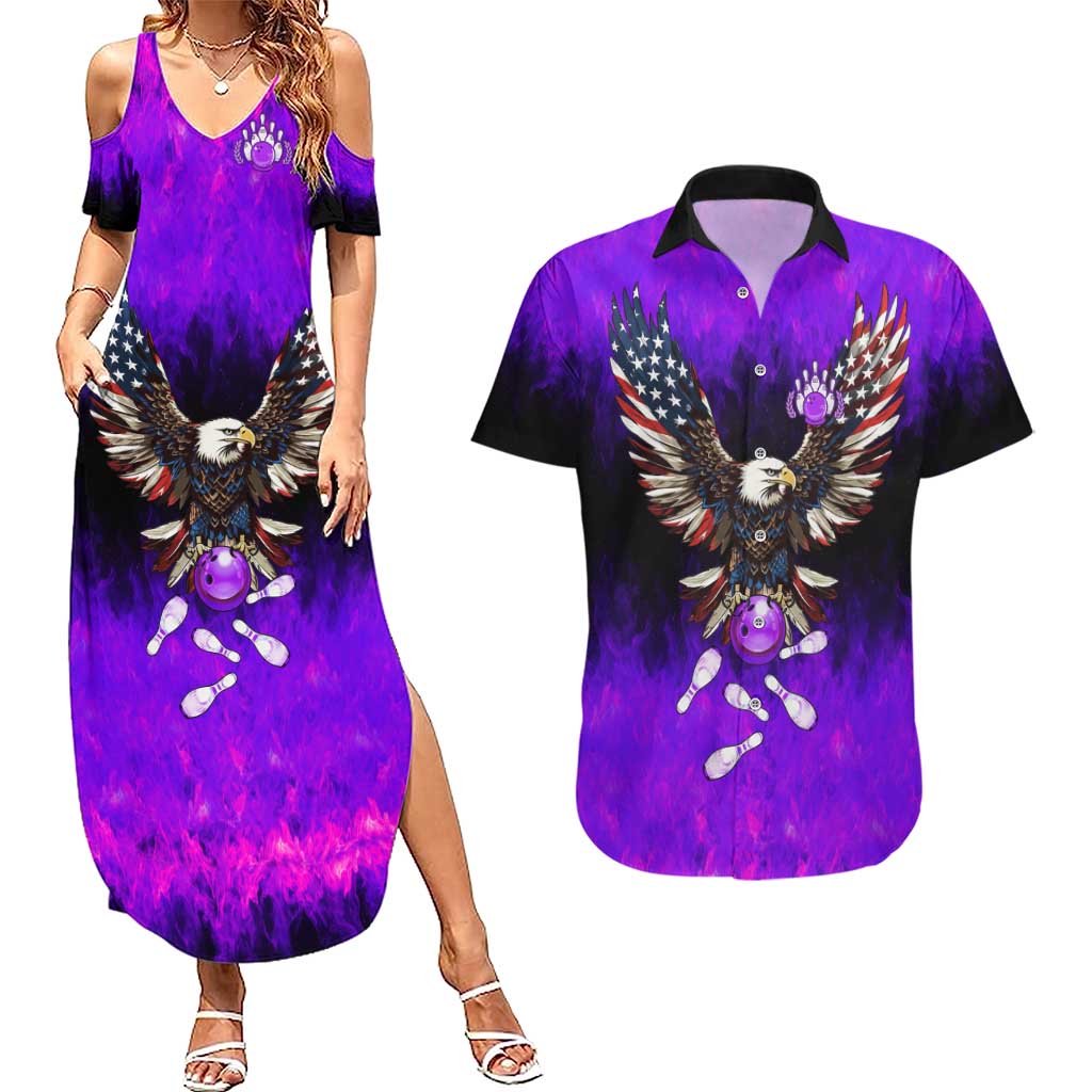 Personalized Patriotic Eagle Bowling Couples Matching Summer Maxi Dress and Hawaiian Shirt with Purple Flames USA Flag Wings Design - Wonder Print Shop
