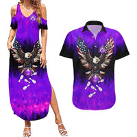 Personalized Patriotic Eagle Bowling Couples Matching Summer Maxi Dress and Hawaiian Shirt with Purple Flames USA Flag Wings Design - Wonder Print Shop