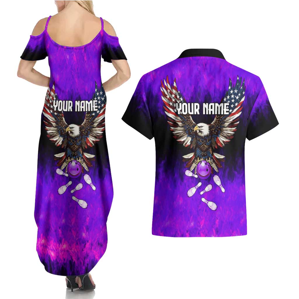 Personalized Patriotic Eagle Bowling Couples Matching Summer Maxi Dress and Hawaiian Shirt with Purple Flames USA Flag Wings Design - Wonder Print Shop