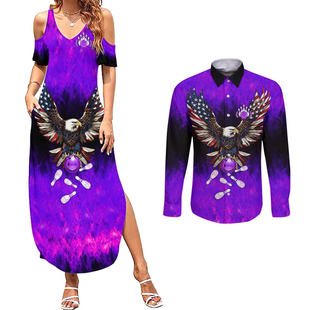 Personalized Patriotic Eagle Bowling Couples Matching Summer Maxi Dress and Long Sleeve Button Shirt with Purple Flames USA Flag Wings Design - Wonder Print Shop