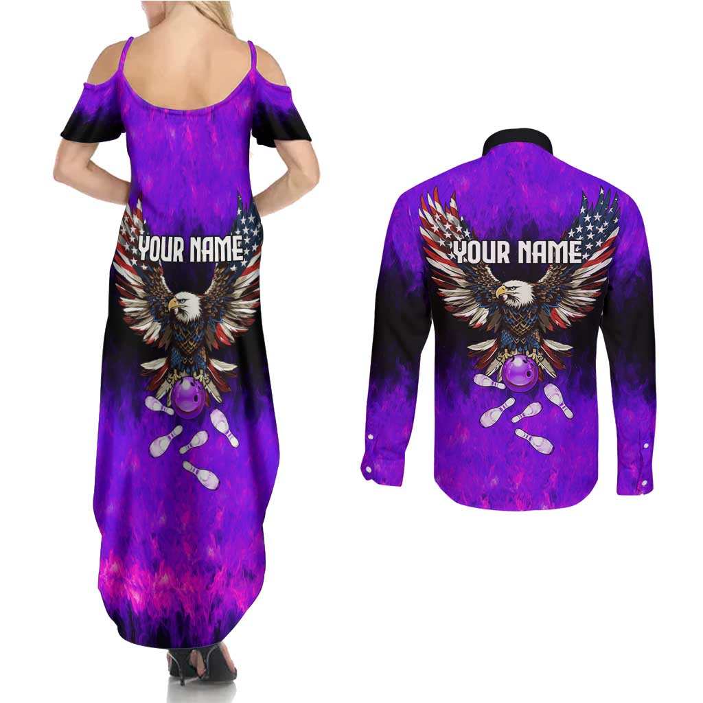 Personalized Patriotic Eagle Bowling Couples Matching Summer Maxi Dress and Long Sleeve Button Shirt with Purple Flames USA Flag Wings Design - Wonder Print Shop