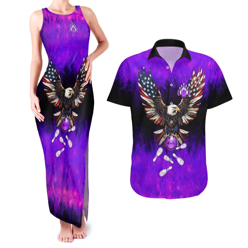 Personalized Patriotic Eagle Bowling Couples Matching Tank Maxi Dress and Hawaiian Shirt with Purple Flames USA Flag Wings Design - Wonder Print Shop