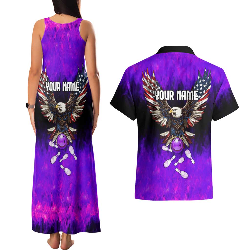 Personalized Patriotic Eagle Bowling Couples Matching Tank Maxi Dress and Hawaiian Shirt with Purple Flames USA Flag Wings Design - Wonder Print Shop