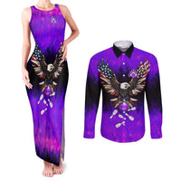 Personalized Patriotic Eagle Bowling Couples Matching Tank Maxi Dress and Long Sleeve Button Shirt with Purple Flames USA Flag Wings Design - Wonder Print Shop
