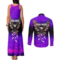 Personalized Patriotic Eagle Bowling Couples Matching Tank Maxi Dress and Long Sleeve Button Shirt with Purple Flames USA Flag Wings Design - Wonder Print Shop