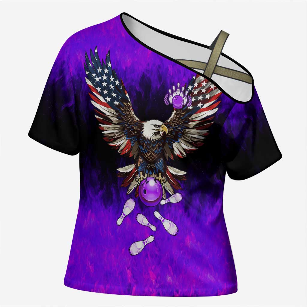Personalized Patriotic Eagle Bowling Cross Shoulder Shirt with Purple Flames USA Flag Wings Design - Wonder Print Shop