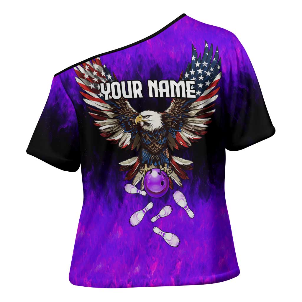 Personalized Patriotic Eagle Bowling Cross Shoulder Shirt with Purple Flames USA Flag Wings Design - Wonder Print Shop