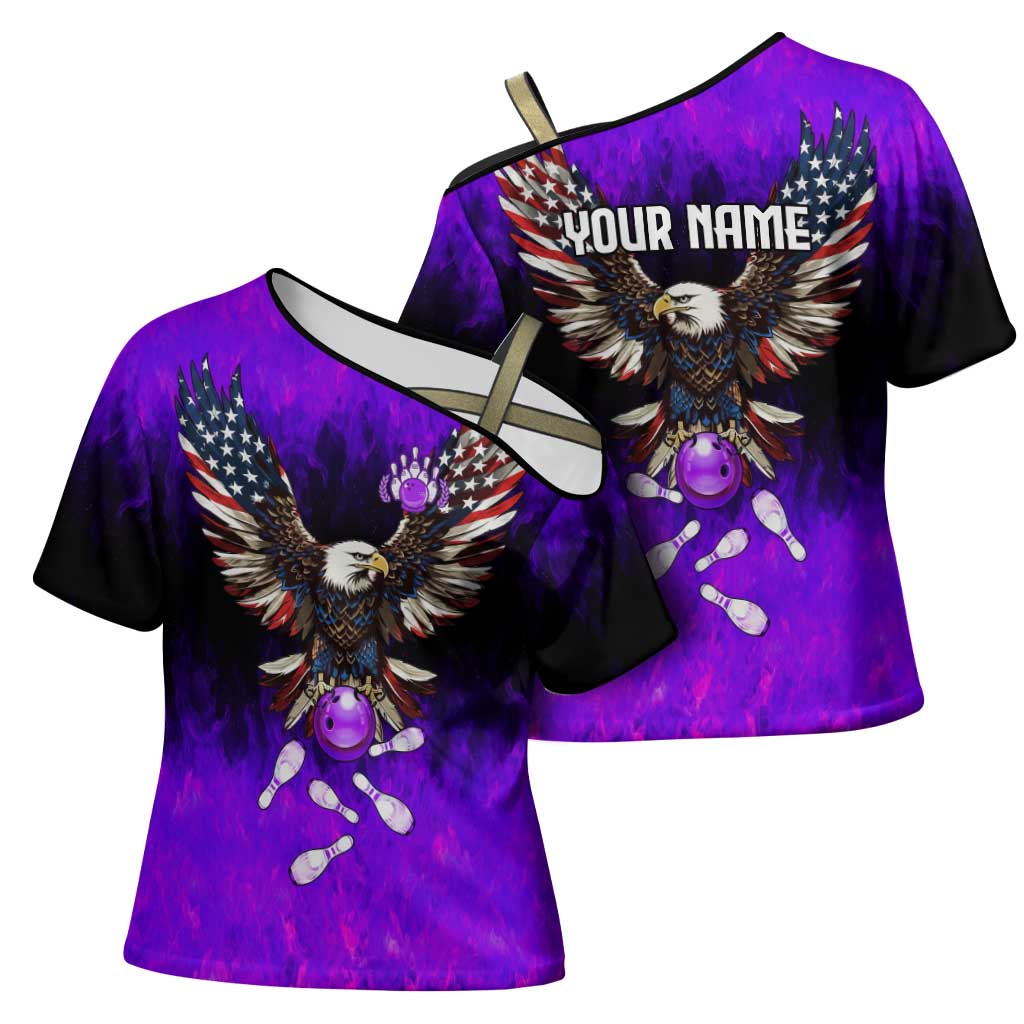 Personalized Patriotic Eagle Bowling Cross Shoulder Shirt with Purple Flames USA Flag Wings Design - Wonder Print Shop