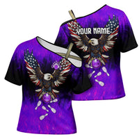 Personalized Patriotic Eagle Bowling Cross Shoulder Shirt with Purple Flames USA Flag Wings Design - Wonder Print Shop