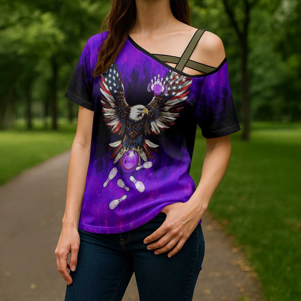 Personalized Patriotic Eagle Bowling Cross Shoulder Shirt with Purple Flames USA Flag Wings Design - Wonder Print Shop