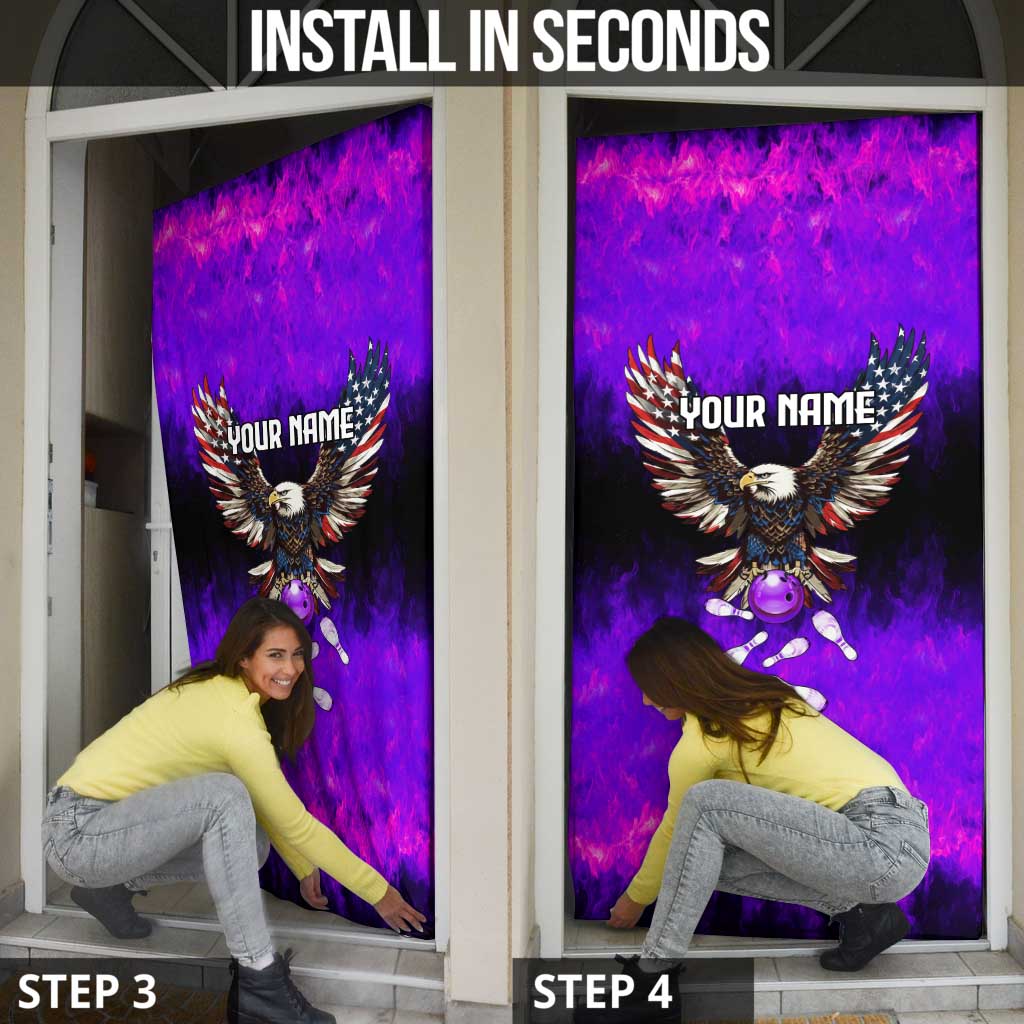 Personalized Patriotic Eagle Bowling Door Cover with Purple Flames USA Flag Wings Design - Wonder Print Shop