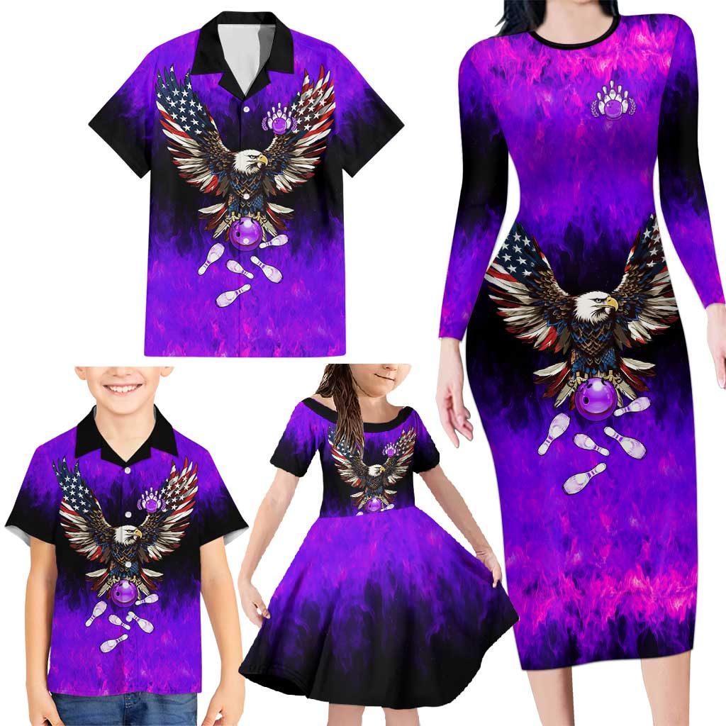 Personalized Patriotic Eagle Bowling Family Matching Long Sleeve Bodycon Dress and Hawaiian Shirt with Purple Flames USA Flag Wings Design - Wonder Print Shop