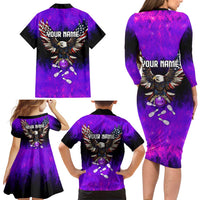 Personalized Patriotic Eagle Bowling Family Matching Long Sleeve Bodycon Dress and Hawaiian Shirt with Purple Flames USA Flag Wings Design - Wonder Print Shop