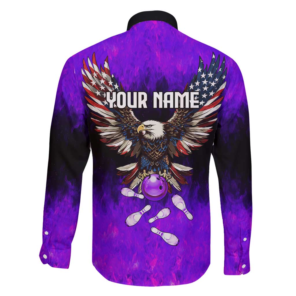 Personalized Patriotic Eagle Bowling Family Matching Long Sleeve Bodycon Dress and Hawaiian Shirt with Purple Flames USA Flag Wings Design - Wonder Print Shop