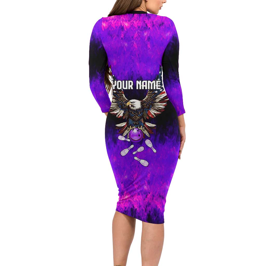 Personalized Patriotic Eagle Bowling Family Matching Long Sleeve Bodycon Dress and Hawaiian Shirt with Purple Flames USA Flag Wings Design - Wonder Print Shop