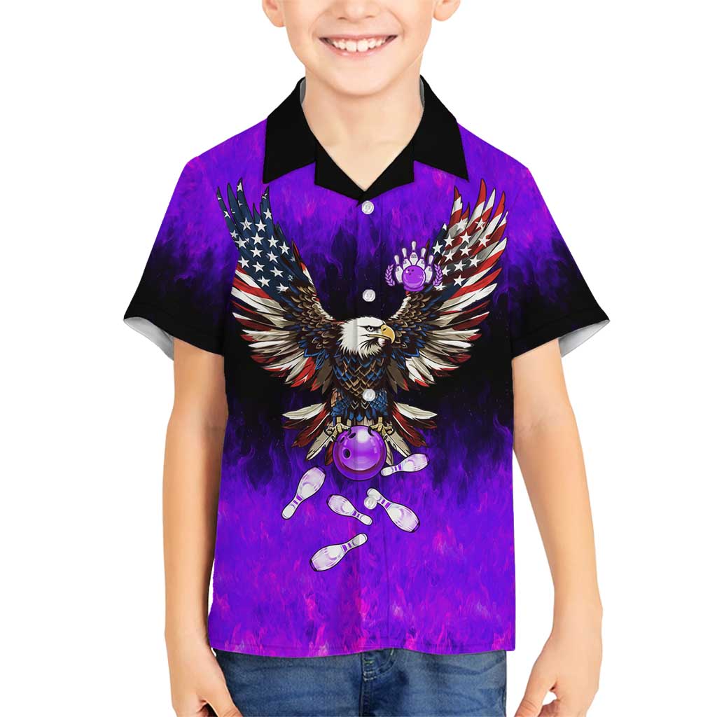 Personalized Patriotic Eagle Bowling Family Matching Long Sleeve Bodycon Dress and Hawaiian Shirt with Purple Flames USA Flag Wings Design - Wonder Print Shop