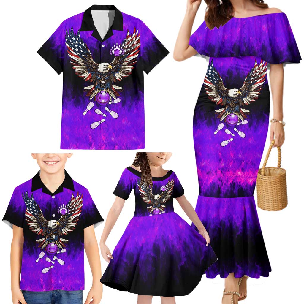 Personalized Patriotic Eagle Bowling Family Matching Mermaid Dress and Hawaiian Shirt with Purple Flames USA Flag Wings Design - Wonder Print Shop