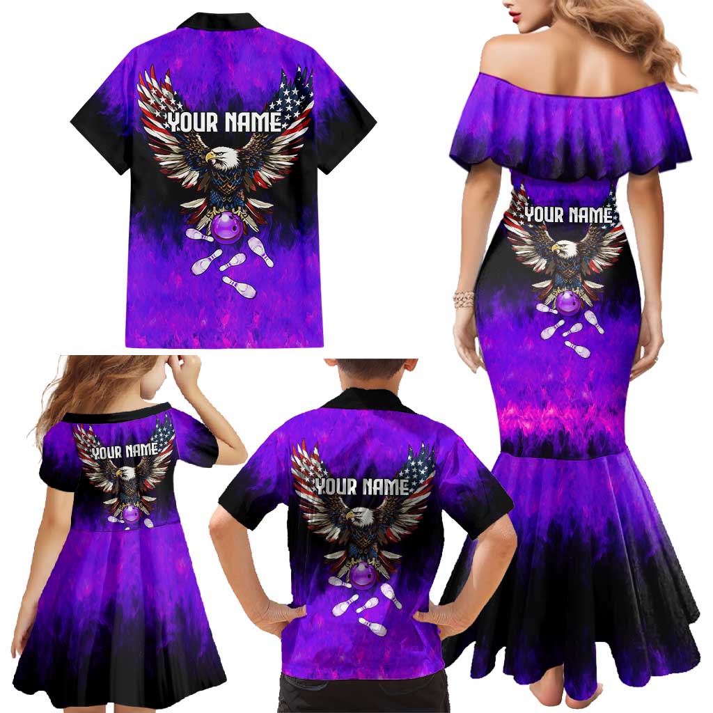 Personalized Patriotic Eagle Bowling Family Matching Mermaid Dress and Hawaiian Shirt with Purple Flames USA Flag Wings Design - Wonder Print Shop