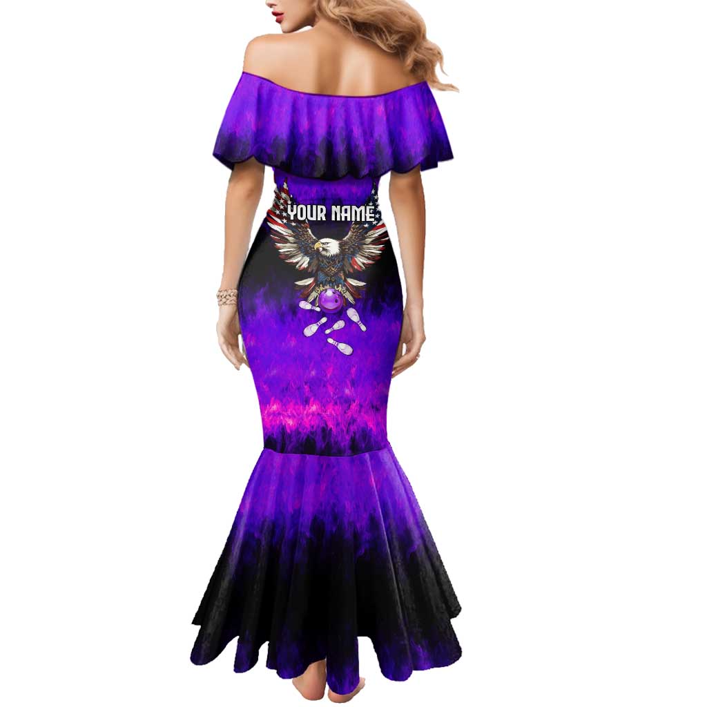 Personalized Patriotic Eagle Bowling Family Matching Mermaid Dress and Hawaiian Shirt with Purple Flames USA Flag Wings Design - Wonder Print Shop