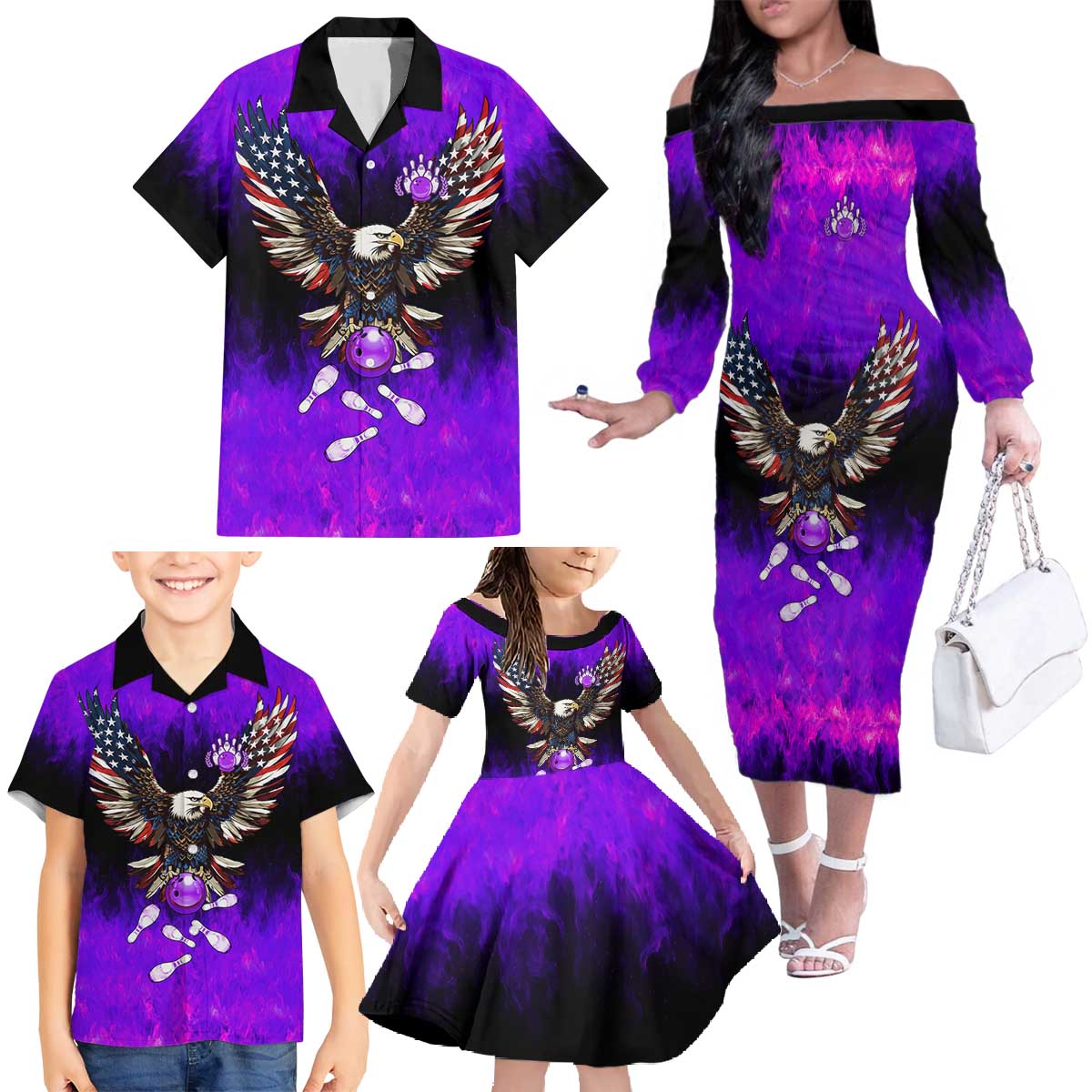 Personalized Patriotic Eagle Bowling Family Matching Off The Shoulder Long Sleeve Dress and Hawaiian Shirt with Purple Flames USA Flag Wings Design - Wonder Print Shop