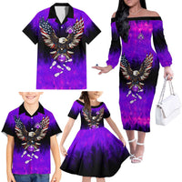 Personalized Patriotic Eagle Bowling Family Matching Off The Shoulder Long Sleeve Dress and Hawaiian Shirt with Purple Flames USA Flag Wings Design - Wonder Print Shop