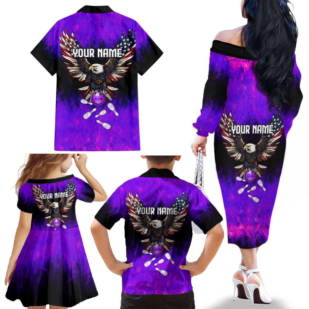 Personalized Patriotic Eagle Bowling Family Matching Off The Shoulder Long Sleeve Dress and Hawaiian Shirt with Purple Flames USA Flag Wings Design - Wonder Print Shop