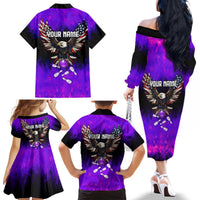 Personalized Patriotic Eagle Bowling Family Matching Off The Shoulder Long Sleeve Dress and Hawaiian Shirt with Purple Flames USA Flag Wings Design - Wonder Print Shop