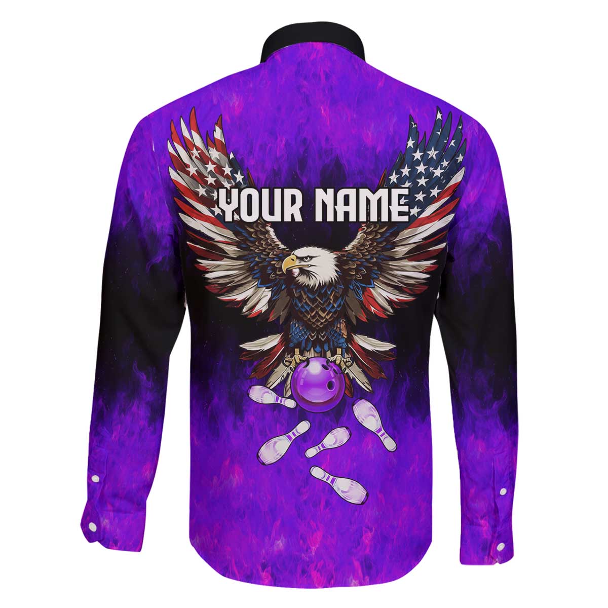 Personalized Patriotic Eagle Bowling Family Matching Off The Shoulder Long Sleeve Dress and Hawaiian Shirt with Purple Flames USA Flag Wings Design - Wonder Print Shop
