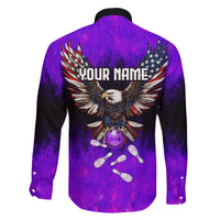 Personalized Patriotic Eagle Bowling Family Matching Off The Shoulder Long Sleeve Dress and Hawaiian Shirt with Purple Flames USA Flag Wings Design - Wonder Print Shop