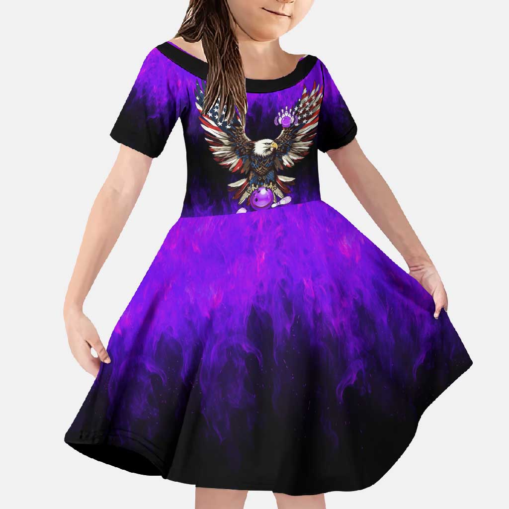 Personalized Patriotic Eagle Bowling Family Matching Off Shoulder Maxi Dress and Hawaiian Shirt with Purple Flames USA Flag Wings Design - Wonder Print Shop