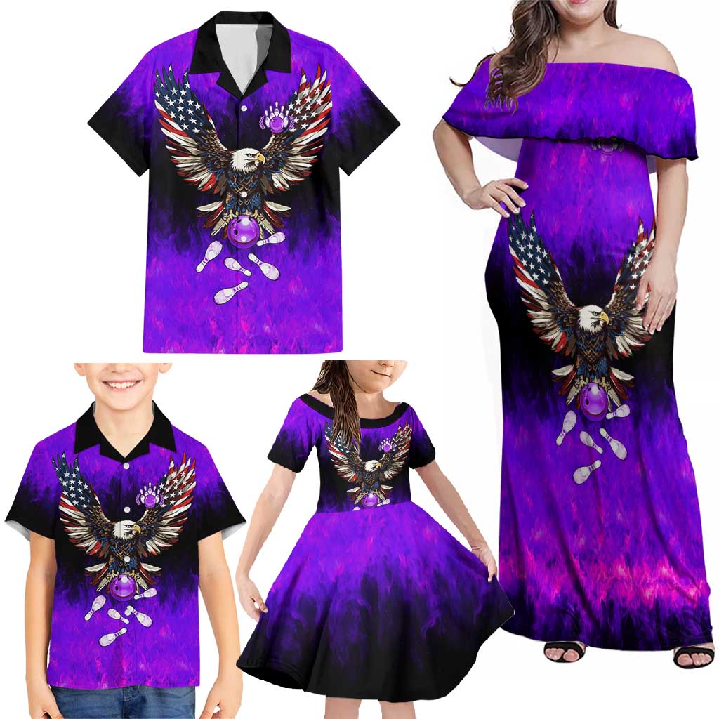 Personalized Patriotic Eagle Bowling Family Matching Off Shoulder Maxi Dress and Hawaiian Shirt with Purple Flames USA Flag Wings Design - Wonder Print Shop