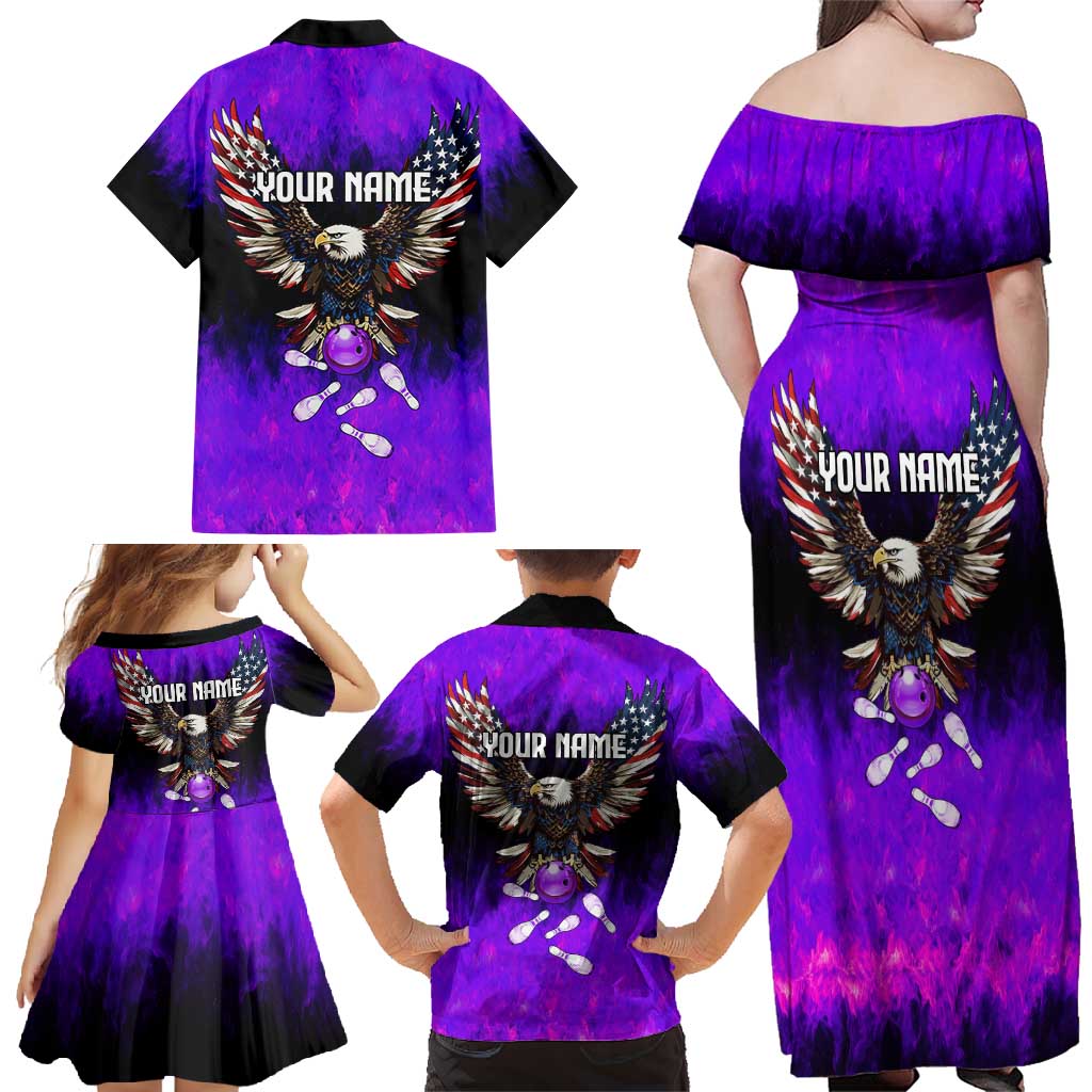 Personalized Patriotic Eagle Bowling Family Matching Off Shoulder Maxi Dress and Hawaiian Shirt with Purple Flames USA Flag Wings Design - Wonder Print Shop