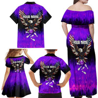 Personalized Patriotic Eagle Bowling Family Matching Off Shoulder Maxi Dress and Hawaiian Shirt with Purple Flames USA Flag Wings Design - Wonder Print Shop