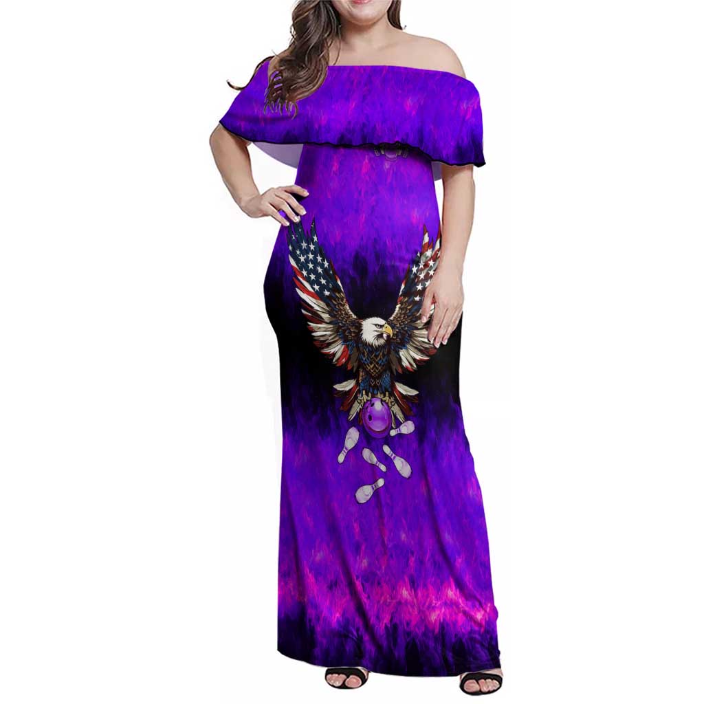 Personalized Patriotic Eagle Bowling Family Matching Off Shoulder Maxi Dress and Hawaiian Shirt with Purple Flames USA Flag Wings Design - Wonder Print Shop
