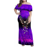 Personalized Patriotic Eagle Bowling Family Matching Off Shoulder Maxi Dress and Hawaiian Shirt with Purple Flames USA Flag Wings Design - Wonder Print Shop