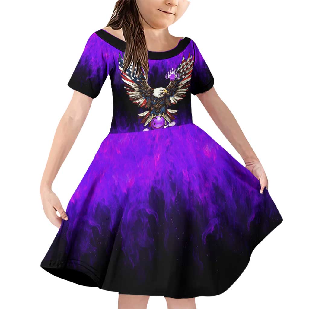 Personalized Patriotic Eagle Bowling Family Matching Off Shoulder Short Dress and Hawaiian Shirt with Purple Flames USA Flag Wings Design - Wonder Print Shop
