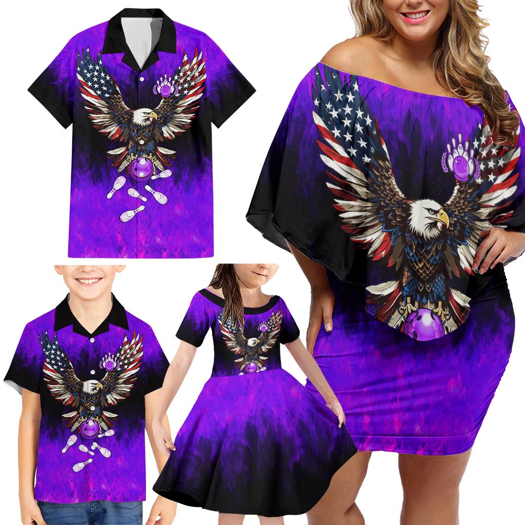 Personalized Patriotic Eagle Bowling Family Matching Off Shoulder Short Dress and Hawaiian Shirt with Purple Flames USA Flag Wings Design - Wonder Print Shop
