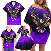 Personalized Patriotic Eagle Bowling Family Matching Off Shoulder Short Dress and Hawaiian Shirt with Purple Flames USA Flag Wings Design - Wonder Print Shop