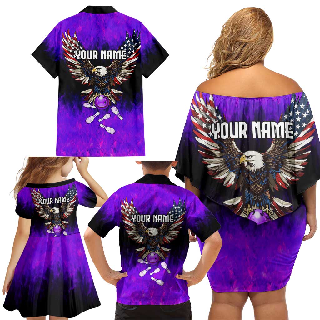 Personalized Patriotic Eagle Bowling Family Matching Off Shoulder Short Dress and Hawaiian Shirt with Purple Flames USA Flag Wings Design - Wonder Print Shop